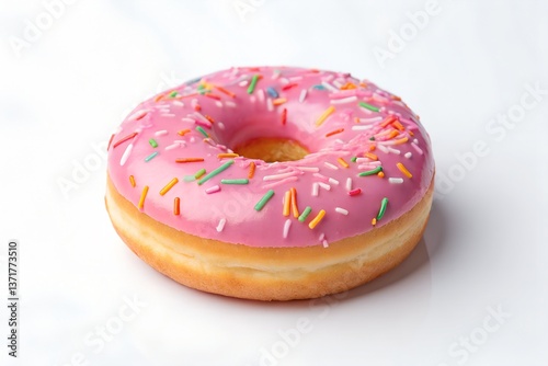 A delightful pink donut, generously covered in rainbow sprinkles, a tempting treat for any sweet tooth, perfectly presented against a bright white background.