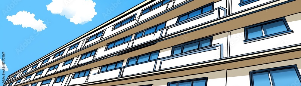 Obraz premium Modern apartment building, sunny day, blue sky, website banner