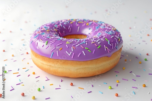 A luscious purple donut, adorned with rainbow sprinkles, sits invitingly on a white surface, scattered with more sprinkles, creating a vibrant and sweet scene with soft lighting.