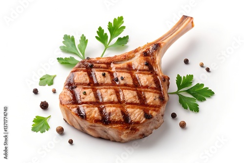 A perfectly grilled pork chop, seasoned to perfection, rests on a bed of fresh parsley, a culinary masterpiece ready to be savored against a pristine white background.
