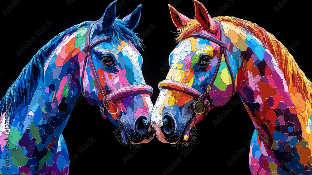 Obraz premium Vibrant Colorful Horses: A Majestic Portrait of Equine Friendship