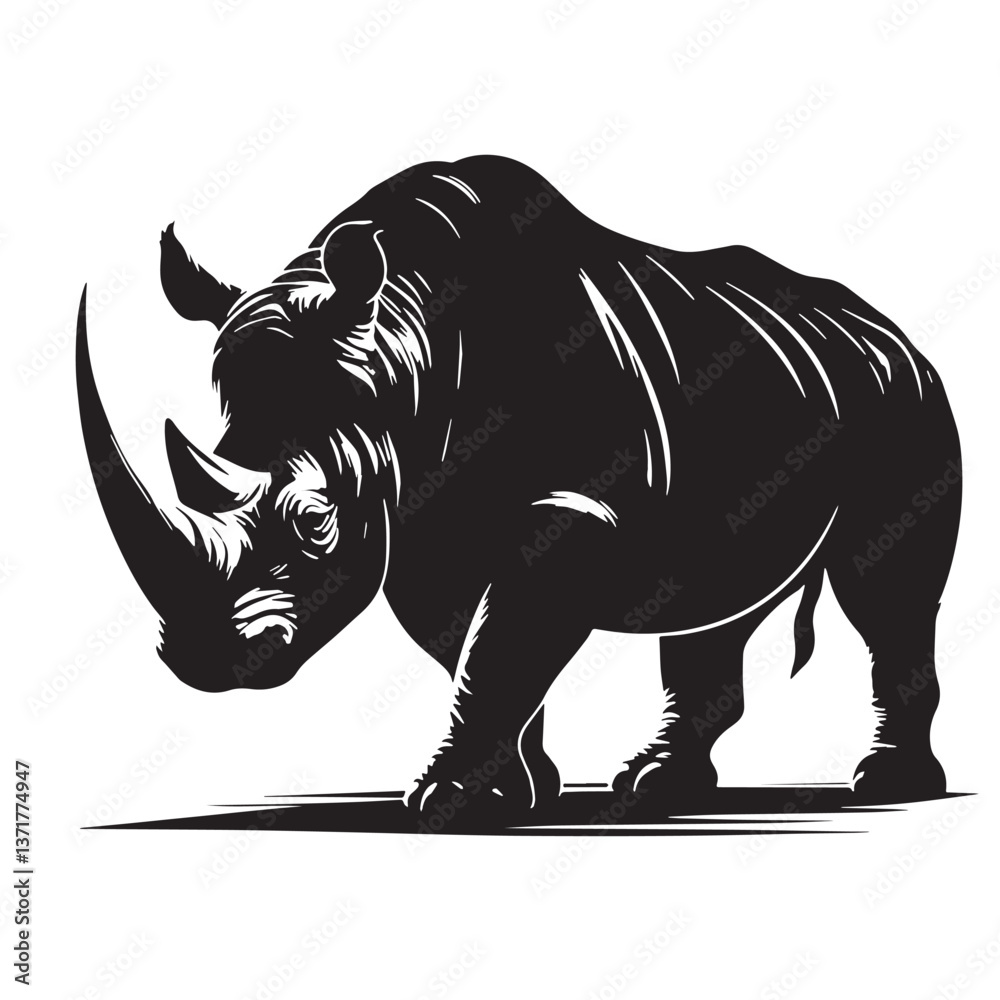 Fototapeta premium Black West African Black Rhinoceros Silhouette Vector, High Quality Illustration on White Background
