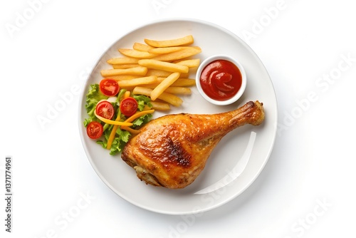 A savory roasted chicken leg with crispy golden fries and a vibrant side salad, a delicious meal ready to be enjoyed on a simple white plate.