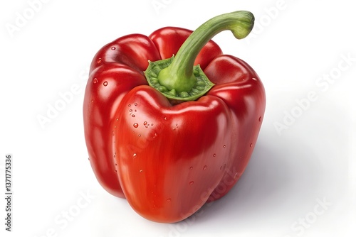A vibrant, glistening red bell pepper, plump and juicy, ready to be part of a delicious meal, showcasing its rich color and perfect form against a pure white background.