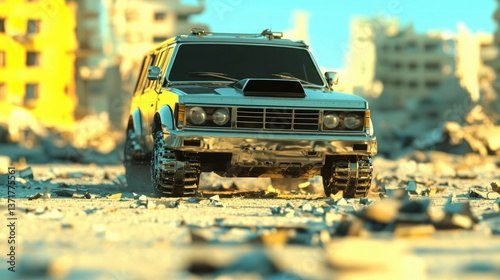Post Apocalyptic Armored Vehicle  Desolate Cityscape  Sunlit Ruins  Futuristic Car  Track
