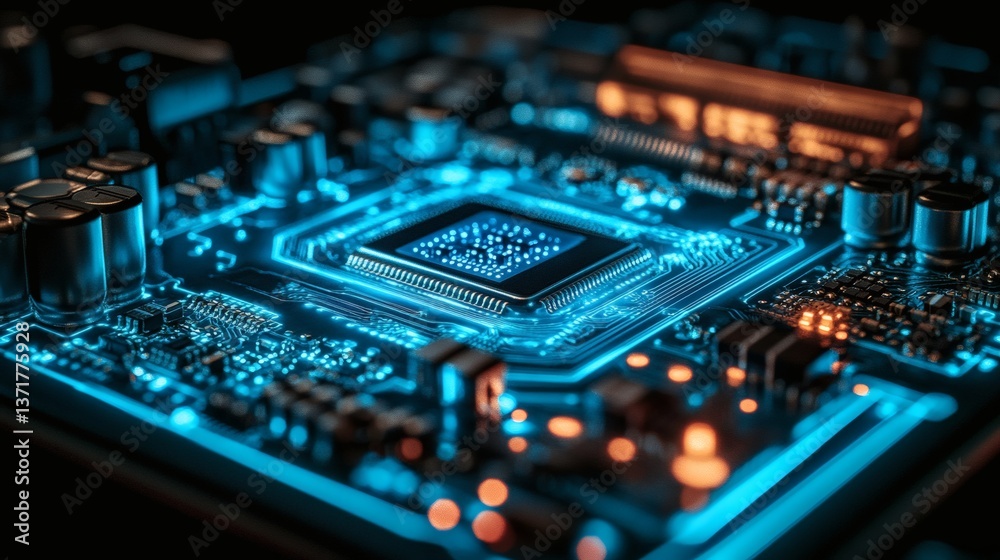 Fototapeta premium Close-up of an abstract electronic circuit board illuminated in neon blue, representing the flow of digital information 