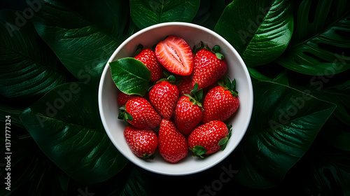 Fresh Red Strawberries in White Bowl on Green Leaves