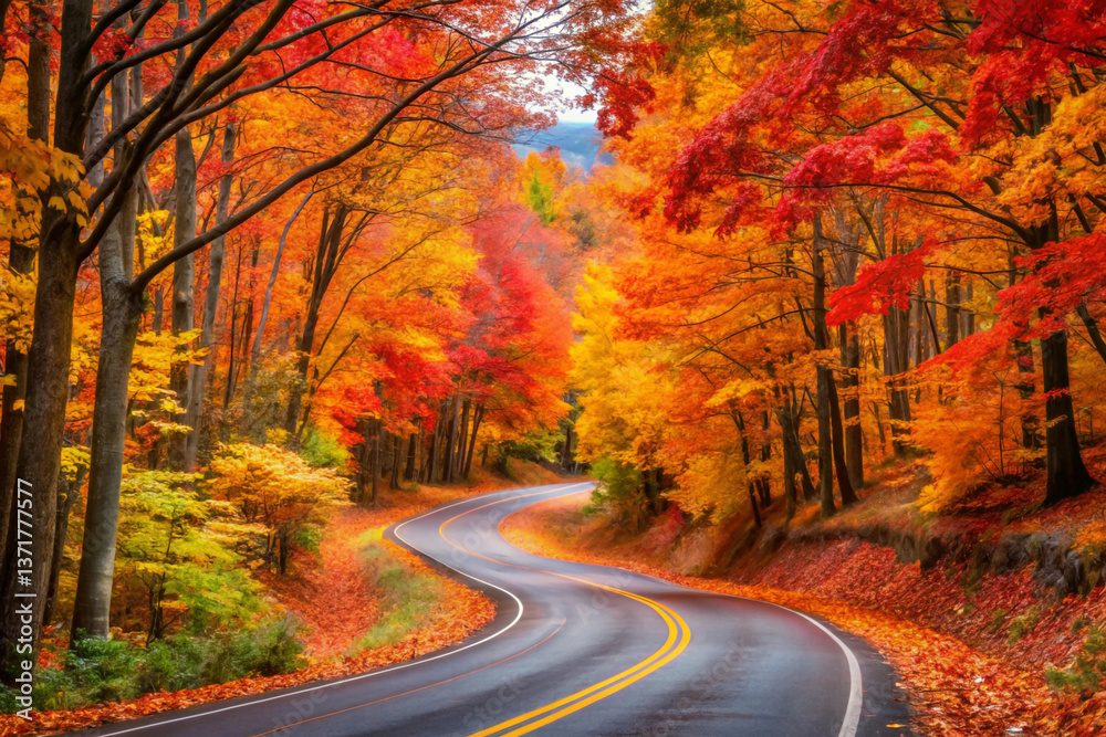 Obraz premium A winding road covered in vibrant red, orange, and yellow fall leaves