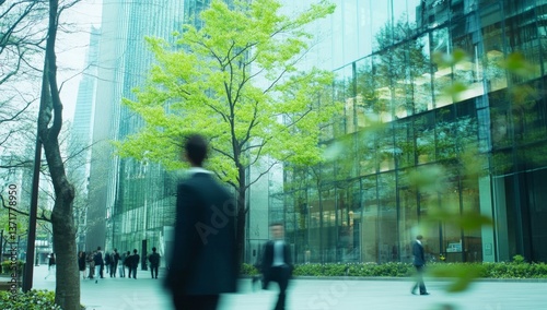 Urban commuters walking amidst modern buildings with vibrant greenery
