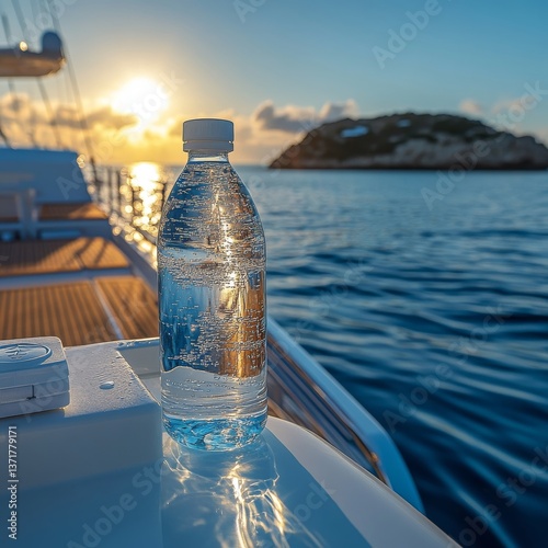 Refreshing Water Bottle on Yacht at Sunrise