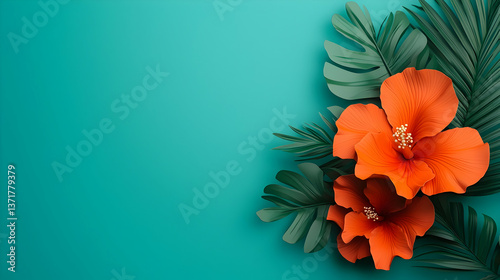 Orange Hibiscus and Palm Leaves on Teal Background