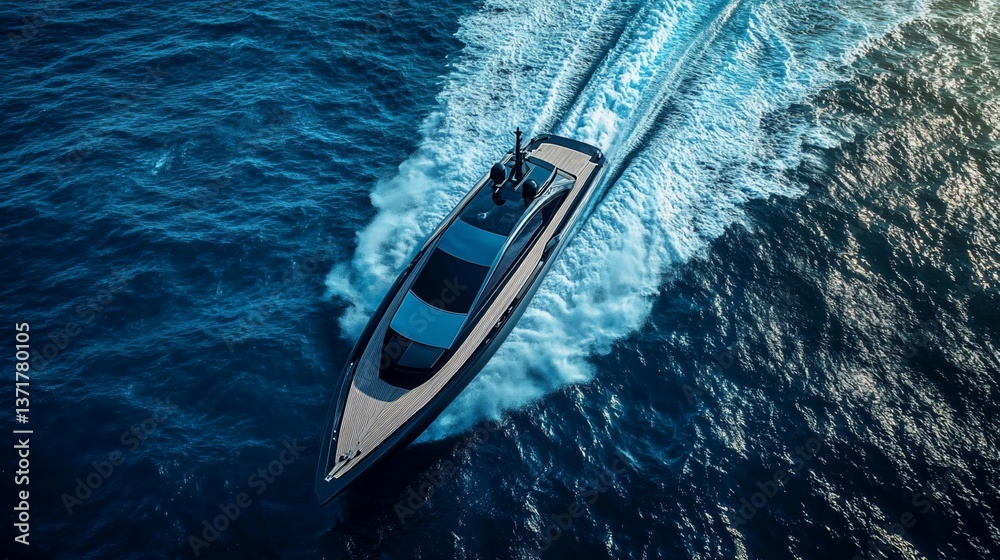 Fototapeta premium Luxury Yacht Cutting Through Azure Waters Aerial View