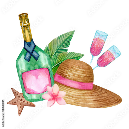 Bright summer watercolor illustration with wine, hat, glass of sparkling wine, starfish isolated on white. Frangipani, tropical leaves, hand drawn for postcards, logos. photo