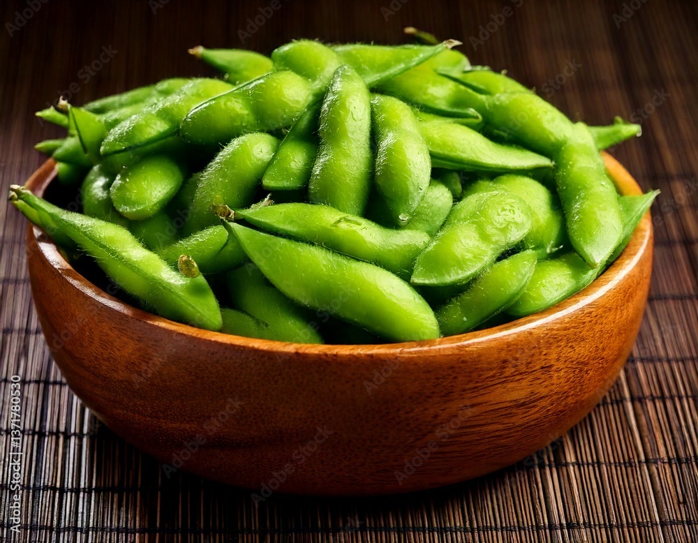 Close-up of freshly harvested edamame in a wooden bowl Close-up of freshly harvested edamame in a wooden bowl