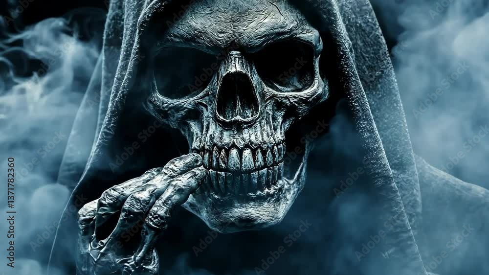 Grim reaper with bony fingers to his mouth and cloaked in blue smoke appears on halloween