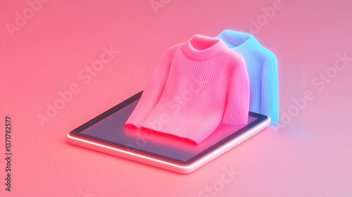 Sleek Shopping App Interface with Glowing Product Listings and Engagement Metrics on Tablet Device