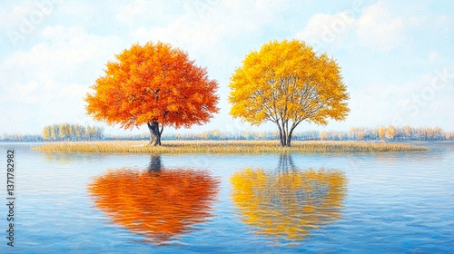 Golden and Orange Trees Reflecting on a Calm Lake: An Autumn Landscape