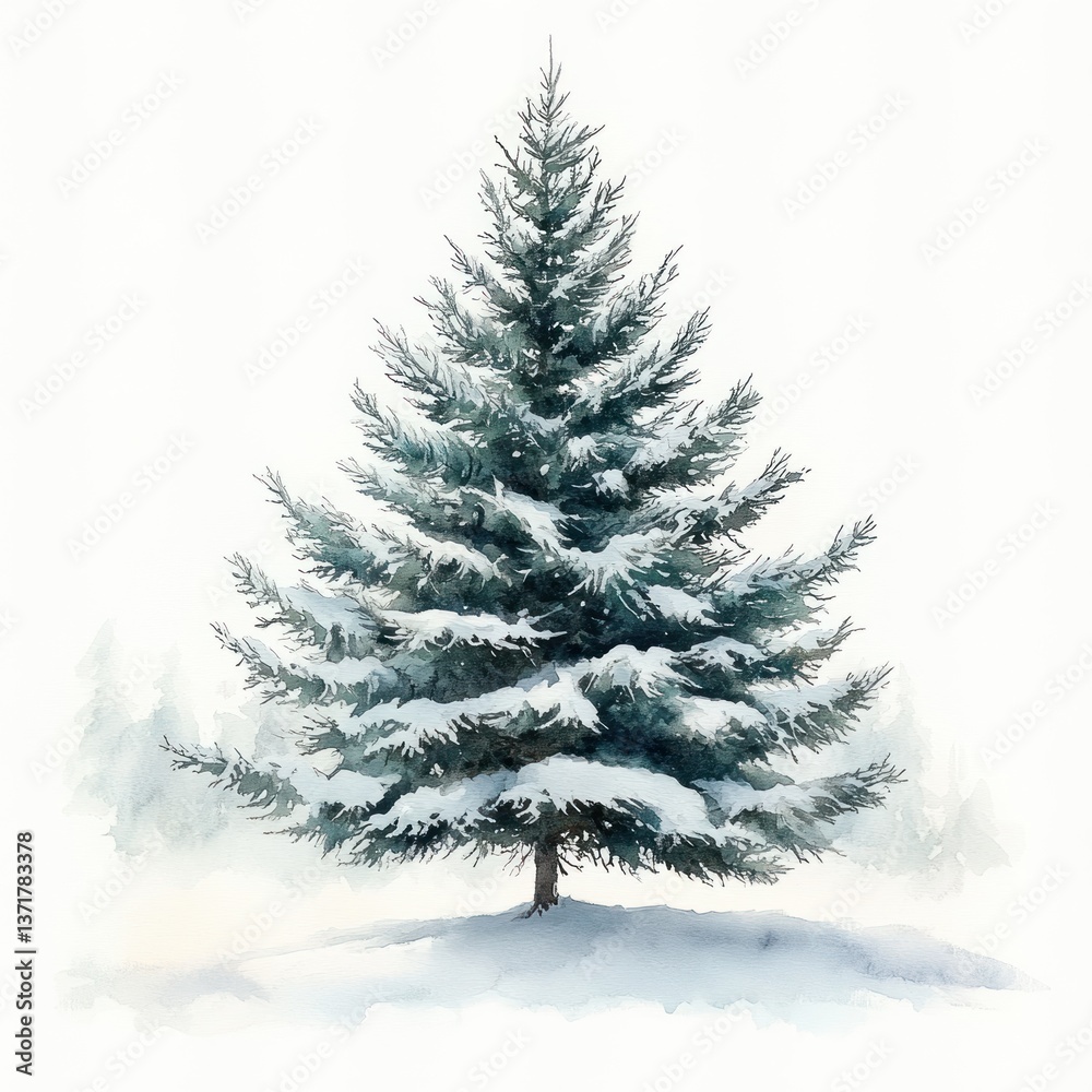 Fototapeta premium Watercolor Painting of a Snow-Covered Pine Tree for Christmas and New Year Designs