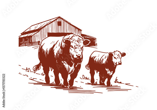 Hereford Cattle hand drawn sketch vector illustration