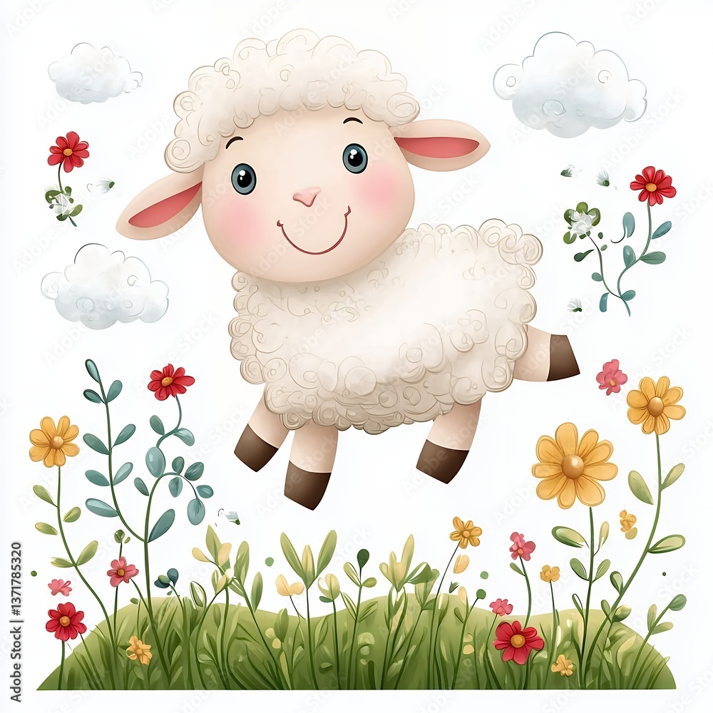 Fototapeta premium Cute Fluffy White Sheep Jumping in a Colorful Flower Meadow