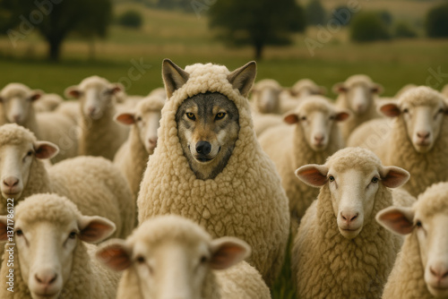 Clever Wolf in Sheep Costume Blending with Flock in Countryside Field