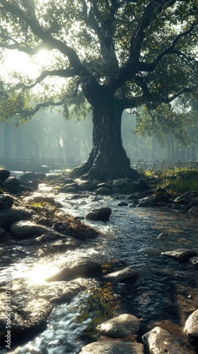 Sunlight bathes a large tree along a rocky stream, its roots twisting near the cool, clear water