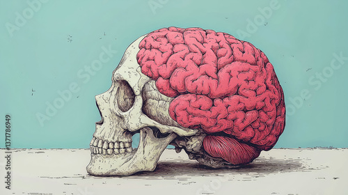Pink Brain in Skull: A Mindful Anatomy Art Print