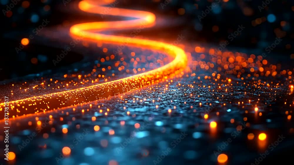 A brilliant, glowing river of molten lava flows through the dark, starry landscape, creating a stunning sight.