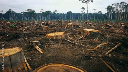 Deforested Landscape with Tree Stumps and Clear-Cut Area Surrounded by Remaining Green Forests in Overcast Weather Conditions