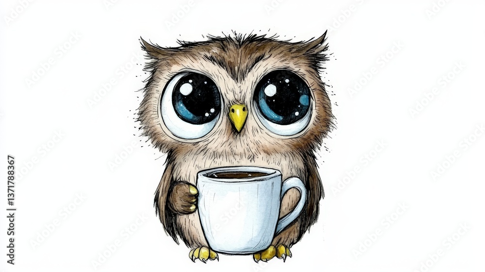 Fototapeta premium Adorable Brown Cartoon Owl Holding a White Mug of Coffee