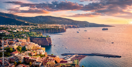 Fantastic summer cityscape of Meta, comune in the Metropolitan City of Naples, Campania region, Italy, Europe. Amazing sunset on Mediterranean sea. Traveling concept background.
