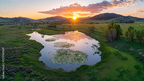 Sunset Landscape: Serene Lake and Mountain View