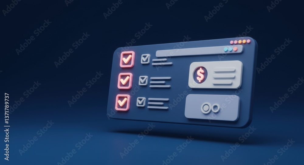3D Render of Online Financial Checklist Interface: Secure Budget Management App 3D Render of Online Financial Checklist Interface: Secure Budget Management App