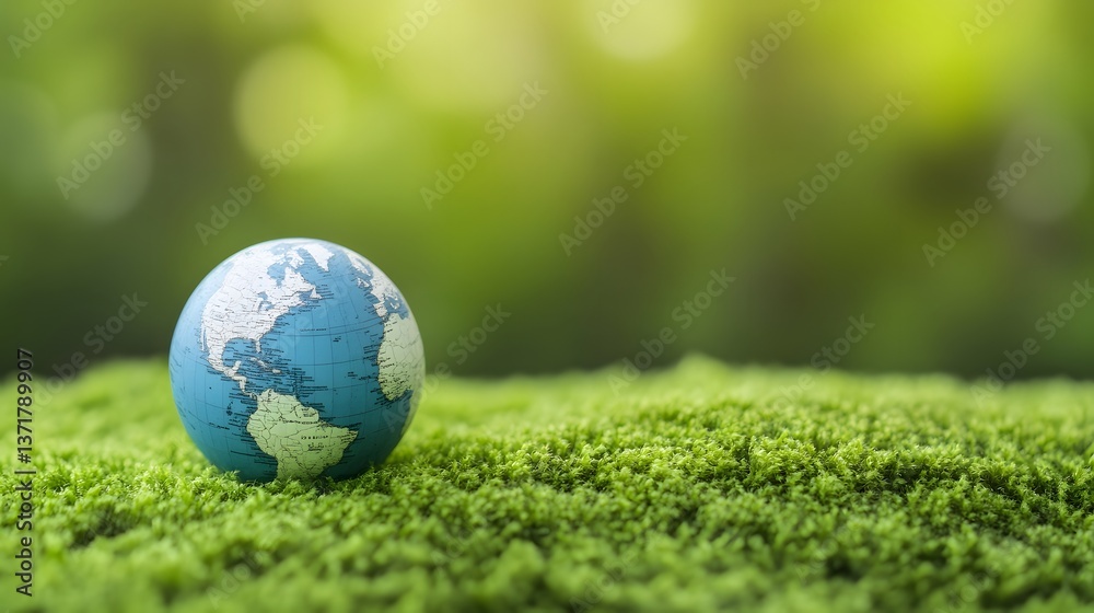 Close-up Globe Resting on Fresh Green Moss, Environmental Conservation Concept Close-up Globe Resting on Fresh Green Moss, Environmental Conservation Concept