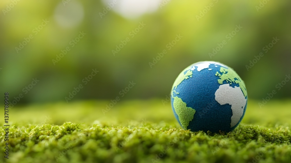 Eco-Friendly Globe Resting in Vibrant Green Moss, Concept of Environmental Conservation and Ecological Balance Eco-Friendly Globe Resting in Vibrant Green Moss, Concept of Environmental Conservation and Ecological Balance