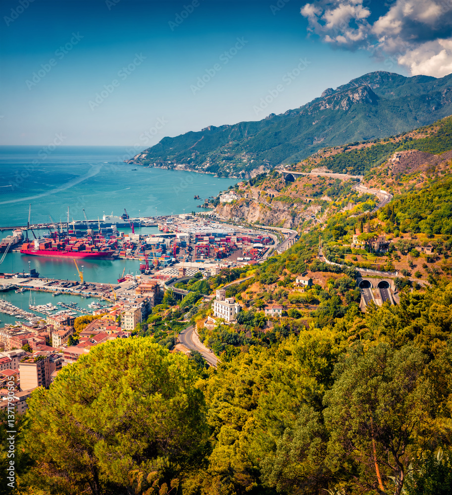 Colorful summer cityscape of Salerno town. Fantastic outdoor scene of Italy, Europe. Impressive Mediterranean seascape. Traveling concept background.