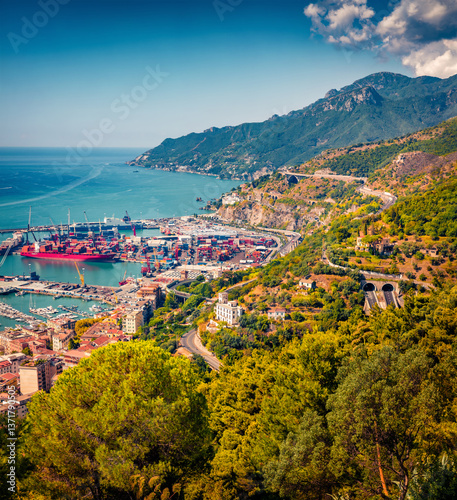Obraz na płótnie Colorful summer cityscape of Salerno town. Fantastic outdoor scene of Italy, Europe. Impressive Mediterranean seascape. Traveling concept background. w salonie