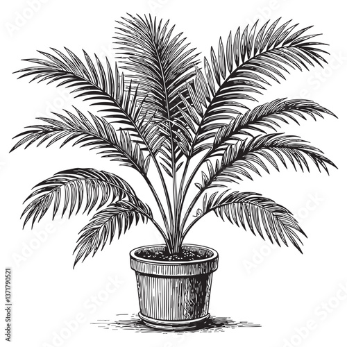 Majesty Palm on pot engraving vector illustration