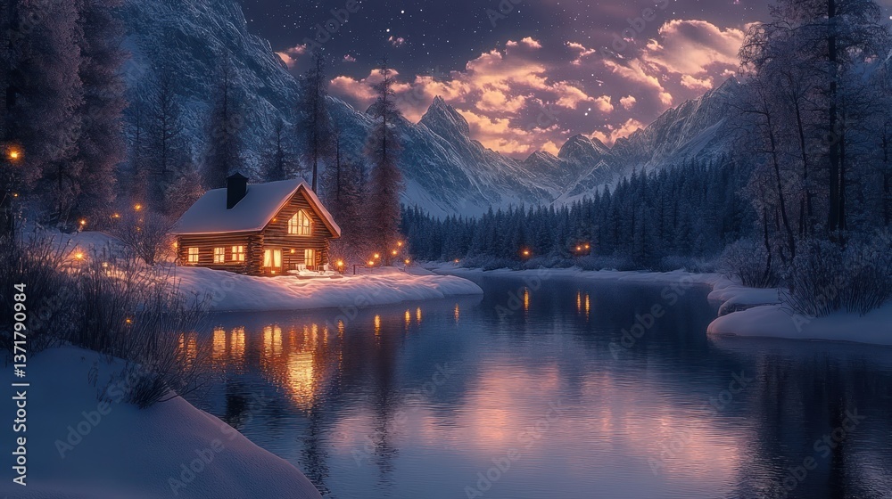 Fototapeta premium Cozy log cabin in snowy mountain landscape at night with warm glowing lights reflecting on tranquil river