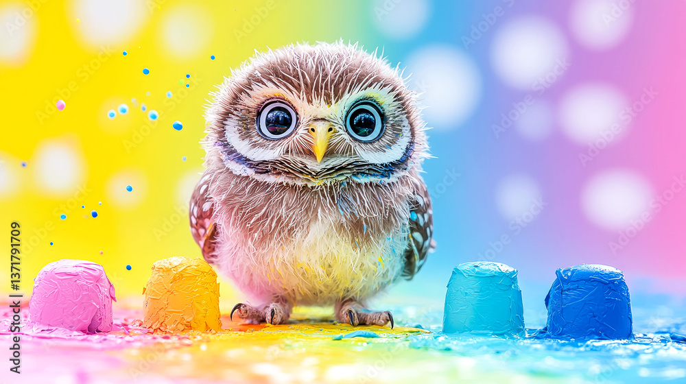 Naklejka premium Adorable Baby Owl in Vibrant Rainbow Colors: A Whimsical Artistic Portrait