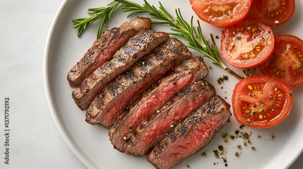 Grilled beef steak with fresh tomato garnish on a white plate, a classic culinary delight Grilled beef steak with fresh tomato garnish on a white plate, a classic culinary delight