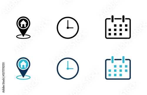 Minimalist Date, Time, and Location Icons – Editable Calendar, Clock & Map Pin Vector Set