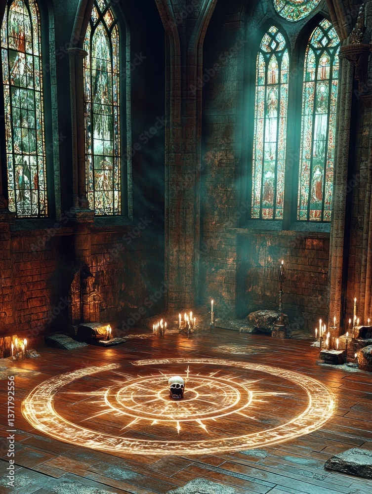 Obraz premium Gothic Cathedral Ritual Scene with Magic Circle and Glowing Runes in Dark Fantasy
