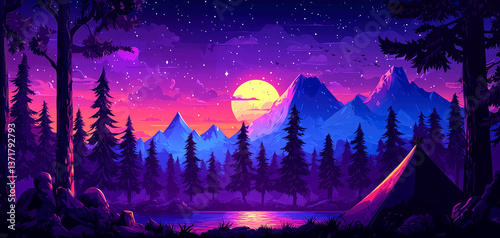 Camping under the Starlit Sky: A Serene Mountain Lake Landscape