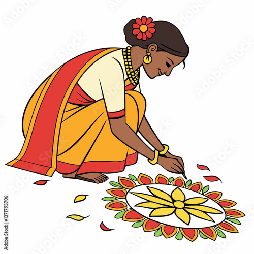 Indian woman vector illustration creating flower rangoli, Editable vector illustration for social media banners, posters, and packaging design