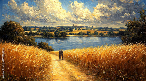 Golden Wheat Field Landscape: Couple Walking by the River Under a Summer Sky