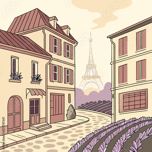 French travel vintage modern style provence scene architecture paris illustration