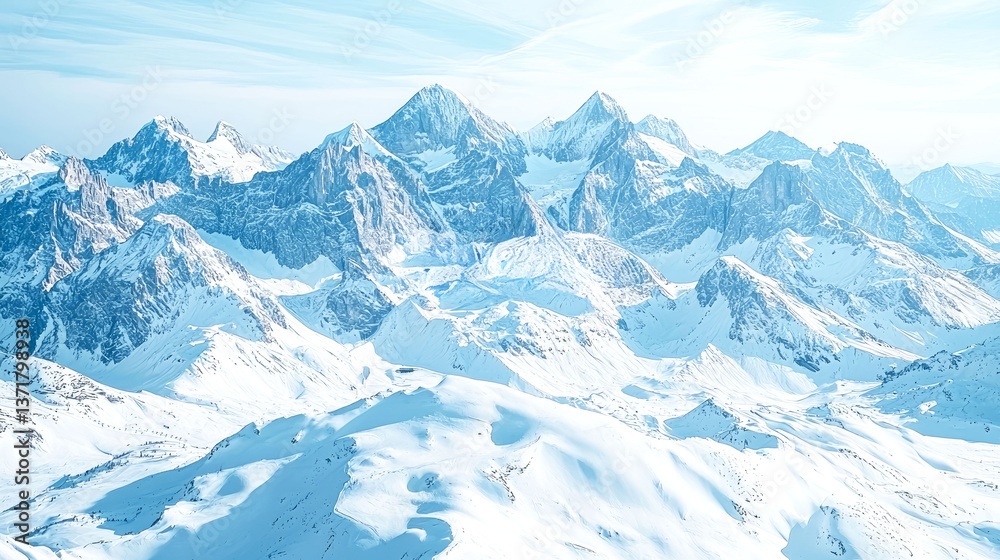 Obraz premium Majestic Winter Mountain Panorama: Breathtaking Snow-Covered Peaks and Glacial Valleys