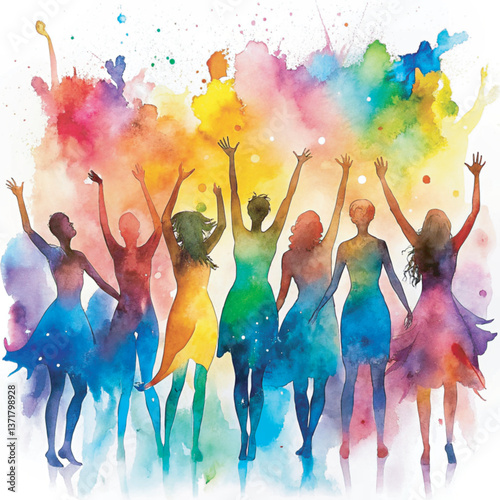 A vibrant watercolor painting of a diverse group of women joyfully for national decency day