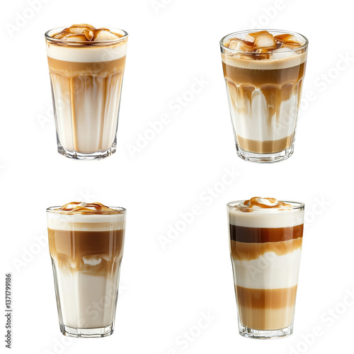 Iced Caramel Macchiato Latte, Layered Drink, Cutout